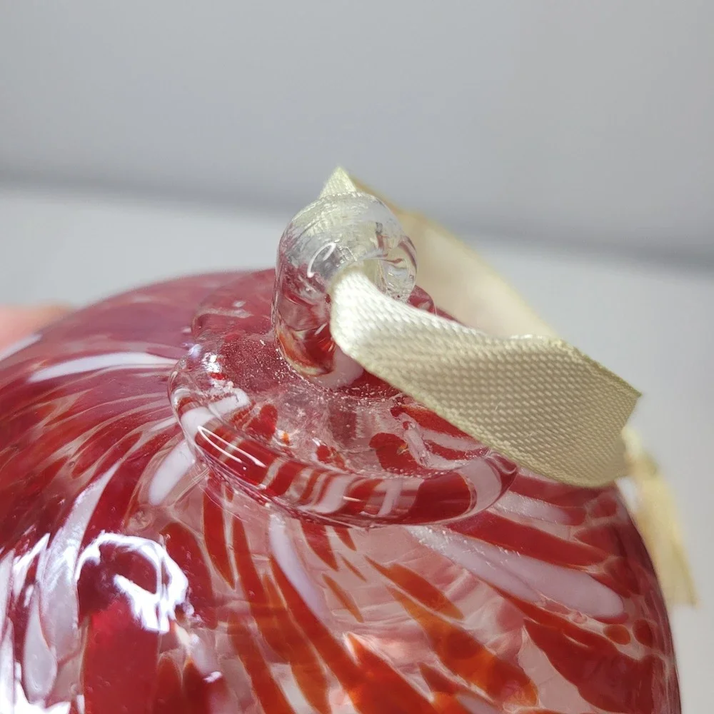 Red White Mottled Art Glass Ball Christmas Ornament‎ Hand Blown Round 4 Inch